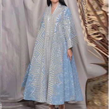 Muslim Robe Fashion Print Vintage Casual V-Neck Swing Kaftan Dress Blue